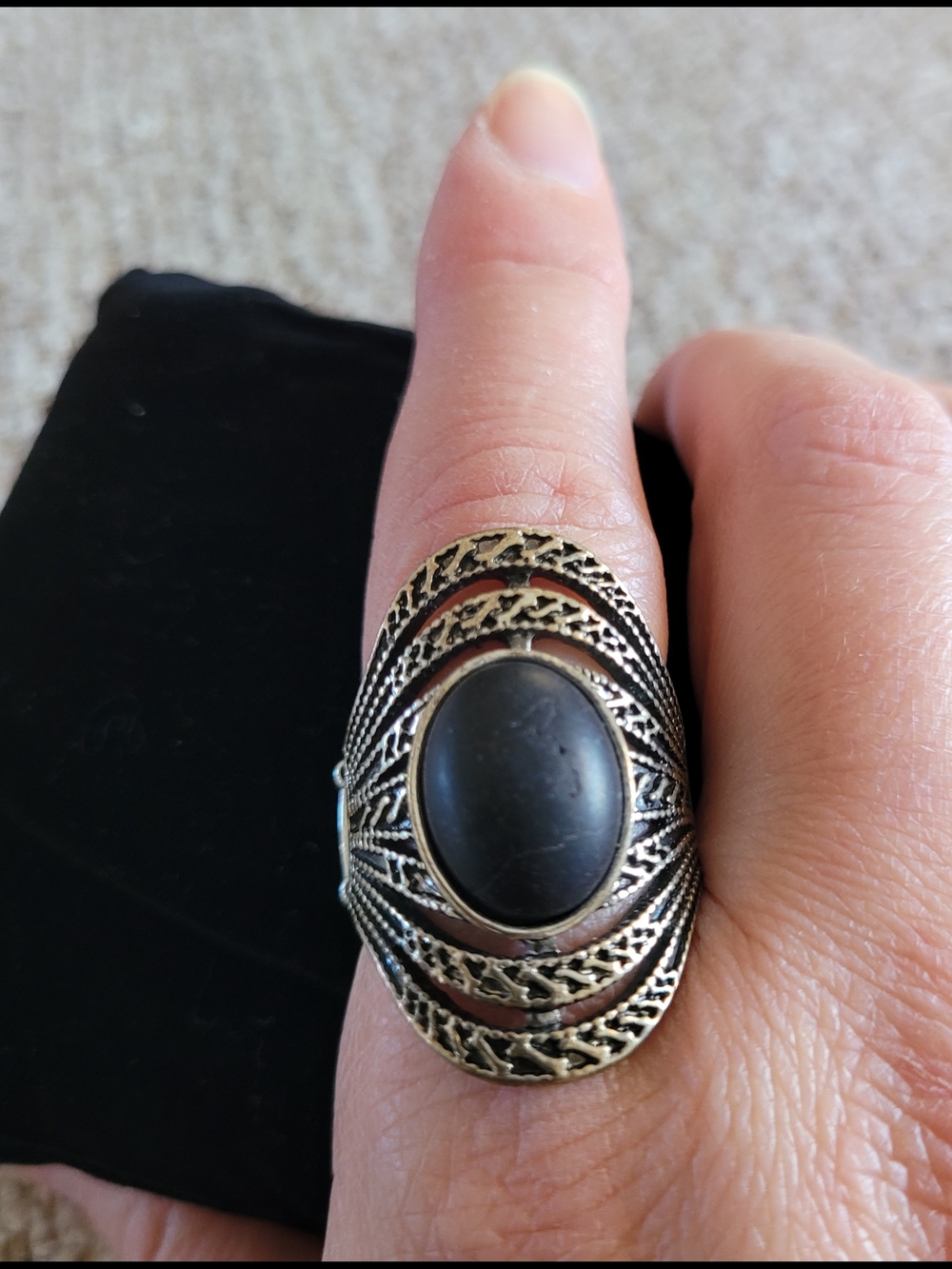 Boho Silver-Tone Ring with Black Oval Stone